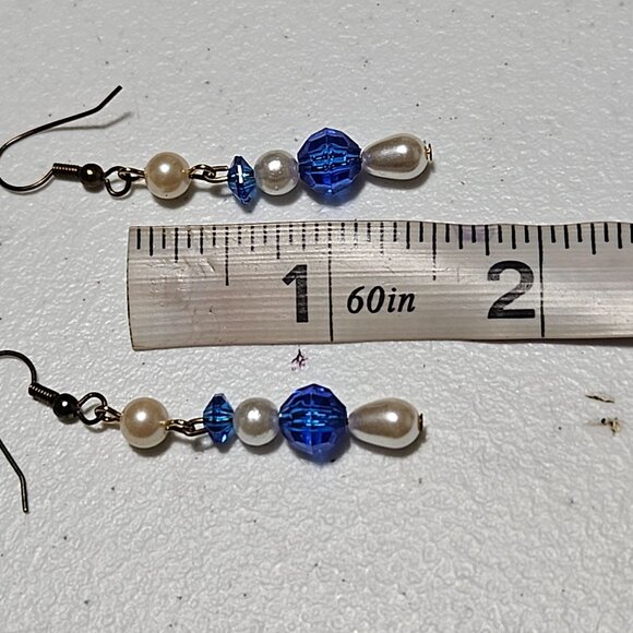 Elegant Handcrafted Blue Crystal Faux Pearl Dangle Earrings Fashion Jewelry - Picture 4 of 4